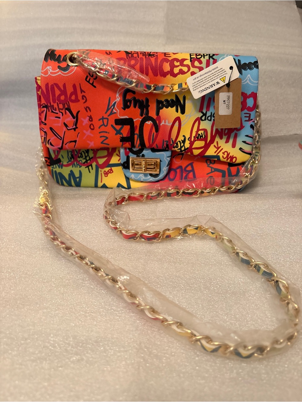3AM Forever Graffiti Pop Art Chain Flap Crossbody Bag Gold Turn Lock
